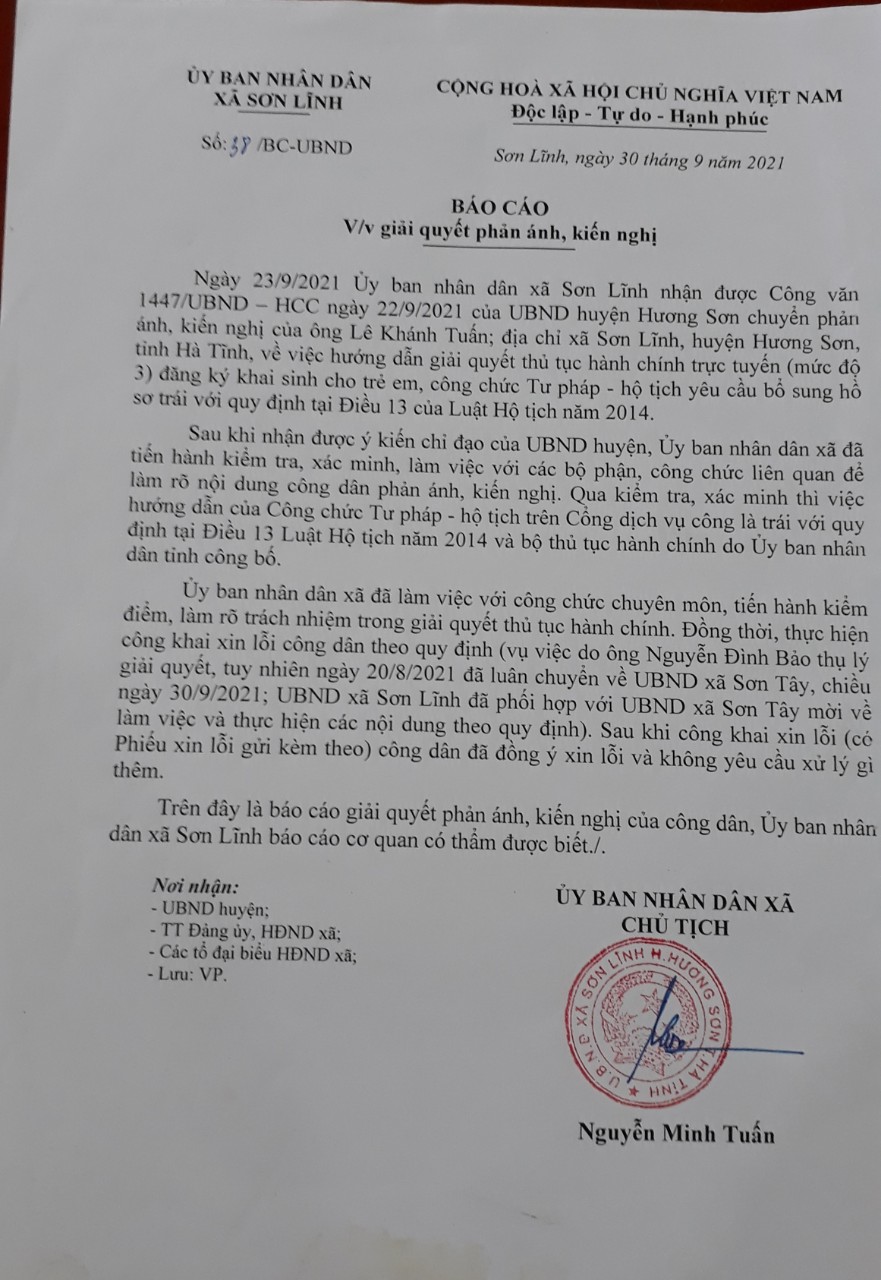 Công văn số 38/BC-UBND của UBND Xã Lĩnh Sơn V/v giải quyết phản ánh, kiến nghị