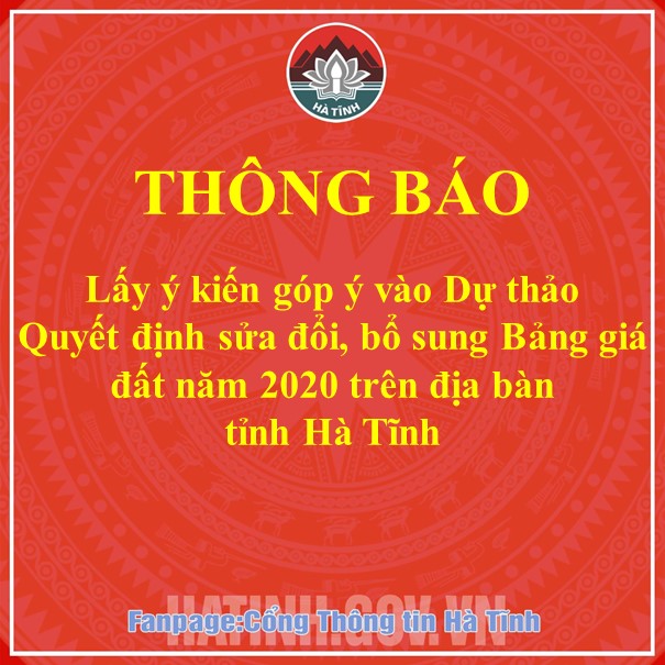 Lấy ý kiến góp ý vào Dự thảo Quyết định sửa đổi, bổ sung Bảng giá đất năm 2020 trên địa bàn tỉnh Hà Tĩnh