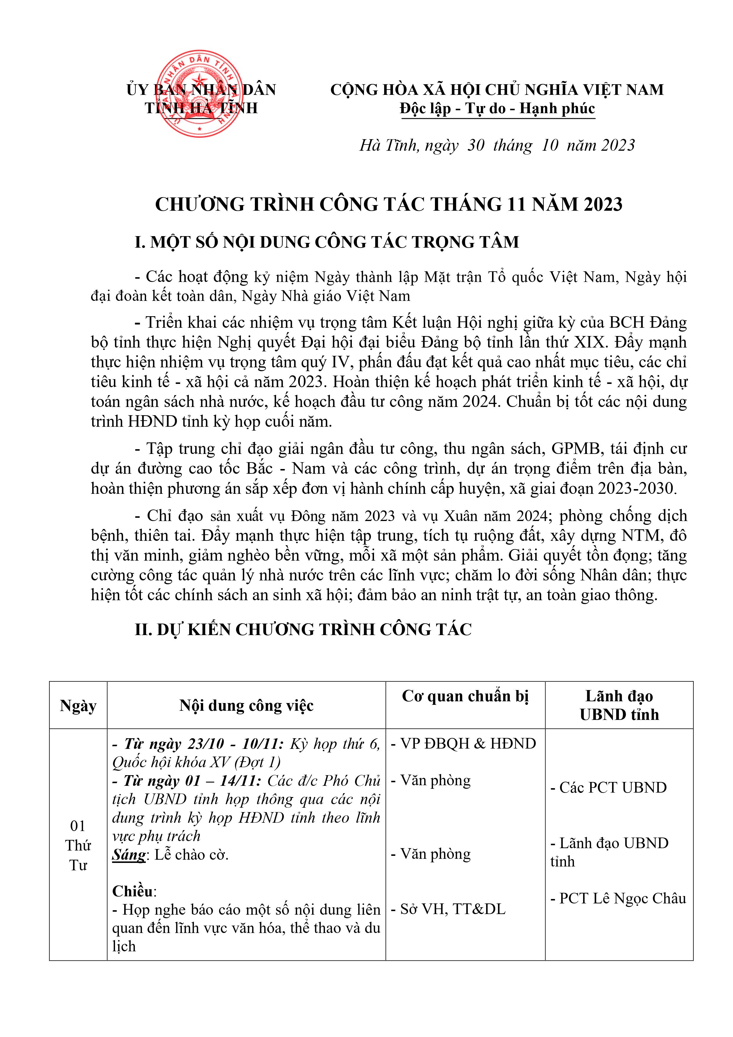 Chương trình công tác tháng 11 năm 2023 của UBND tỉnh